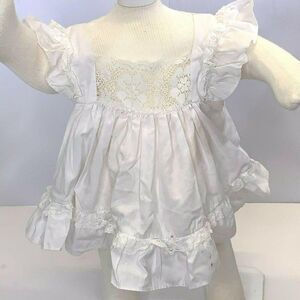 Vintage Infant Pinafore Circle Dress 12m White Floral Crochet Lace Ruffle Button